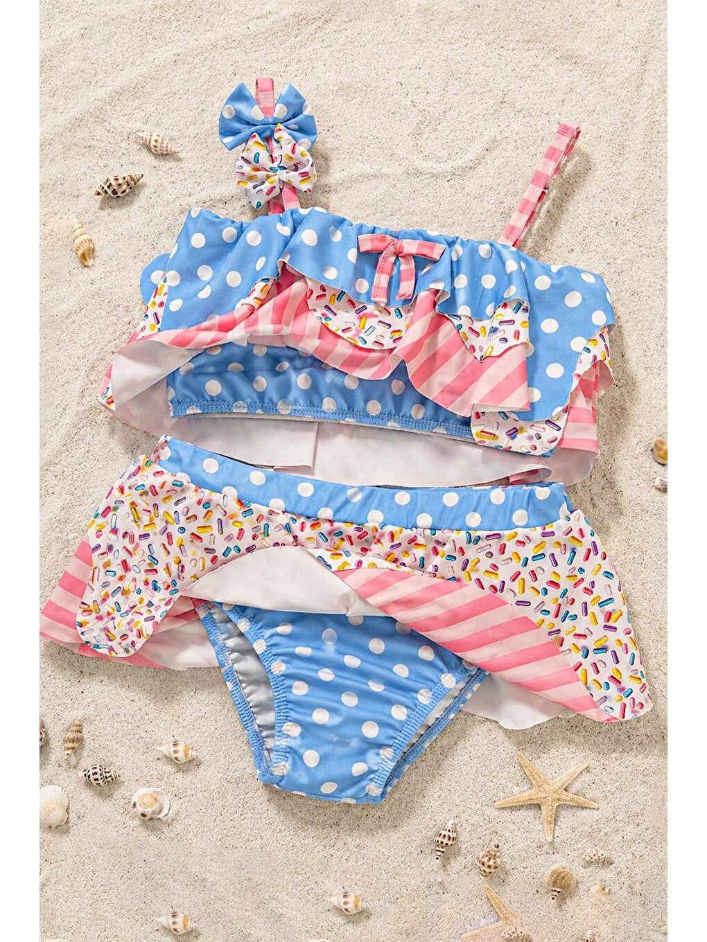 Pembe Fırfırlı Kız Çocuk Renkli Şeker Desenli Bikini Takımı-6