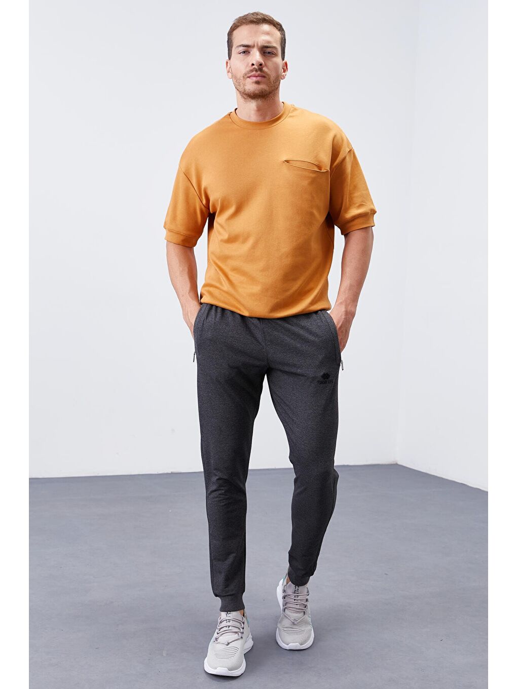 Antrasit Melanj Fermuar Cepli Dar Kalıp  Erkek Jogger Eşofman Altı- 84343-3