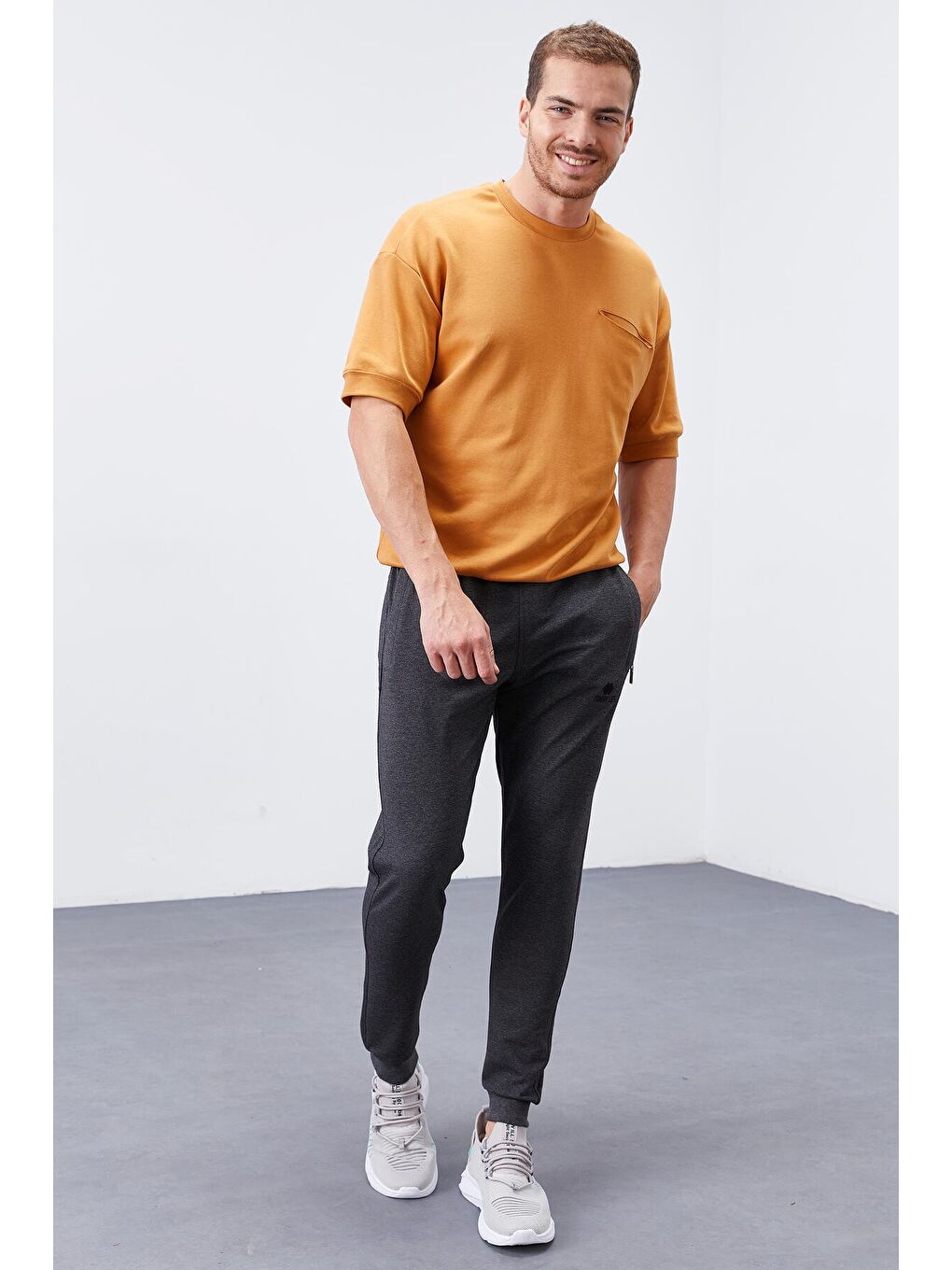 Antrasit Melanj Fermuar Cepli Dar Kalıp  Erkek Jogger Eşofman Altı- 84343-4