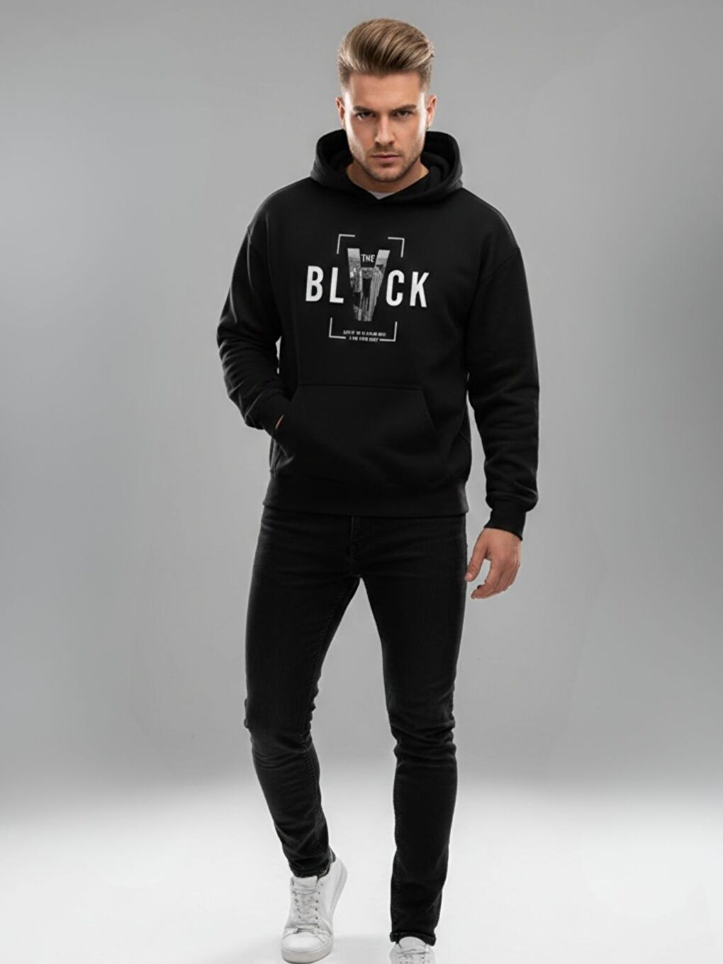 Erkek Siyah Black Özel Baskılı Kapüşonlu Sweatshirt