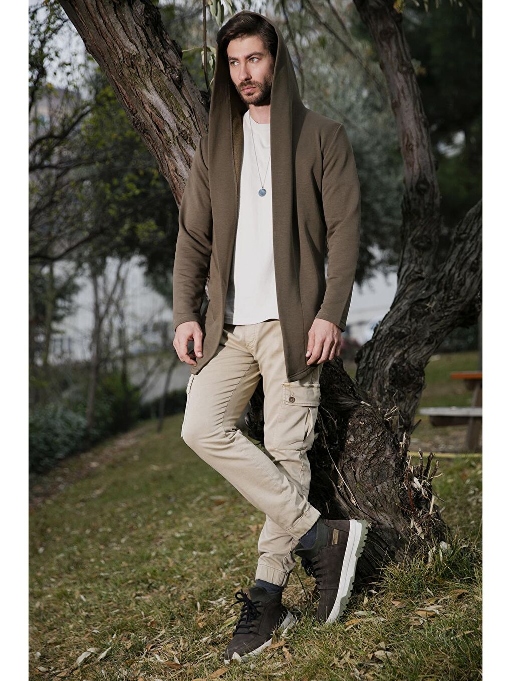 Haki Slim Fit Pamuklu Kapüşonlu Örme Hırka 5896587-1