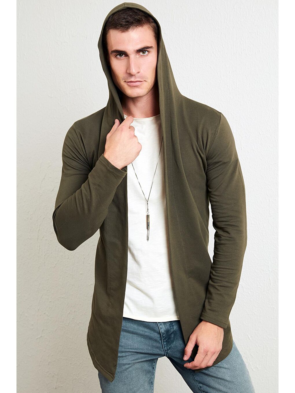 Haki Slim Fit Pamuklu Kapüşonlu Örme Hırka 5896587-2