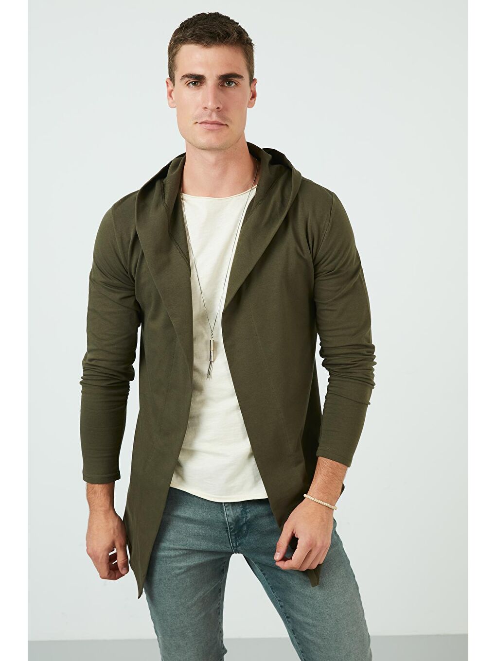 Haki Slim Fit Pamuklu Kapüşonlu Örme Hırka 5896587-3