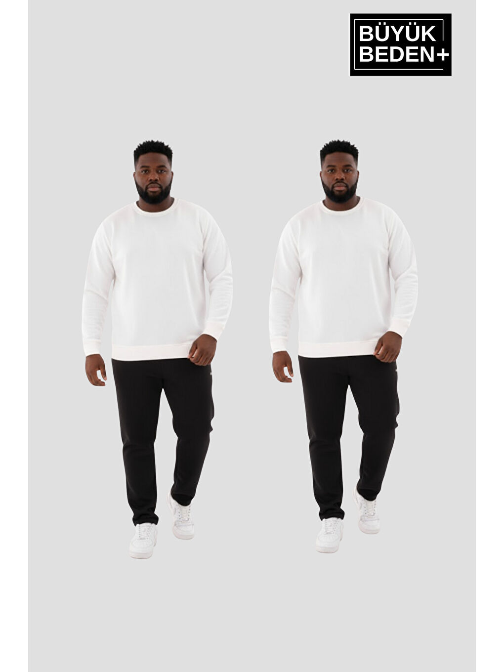 Ekru Erkek Büyük Beden İkili Bisiklet Yaka 2’li Set -Rahat Kalıp İnce Sweatshirt SPR26BSW956+2-1