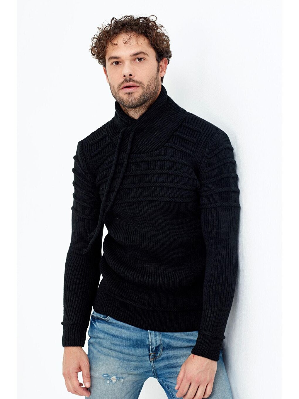 Siyah Kahverengi/laci Şal Yaka Gögüs Çizgili Triko Kazak