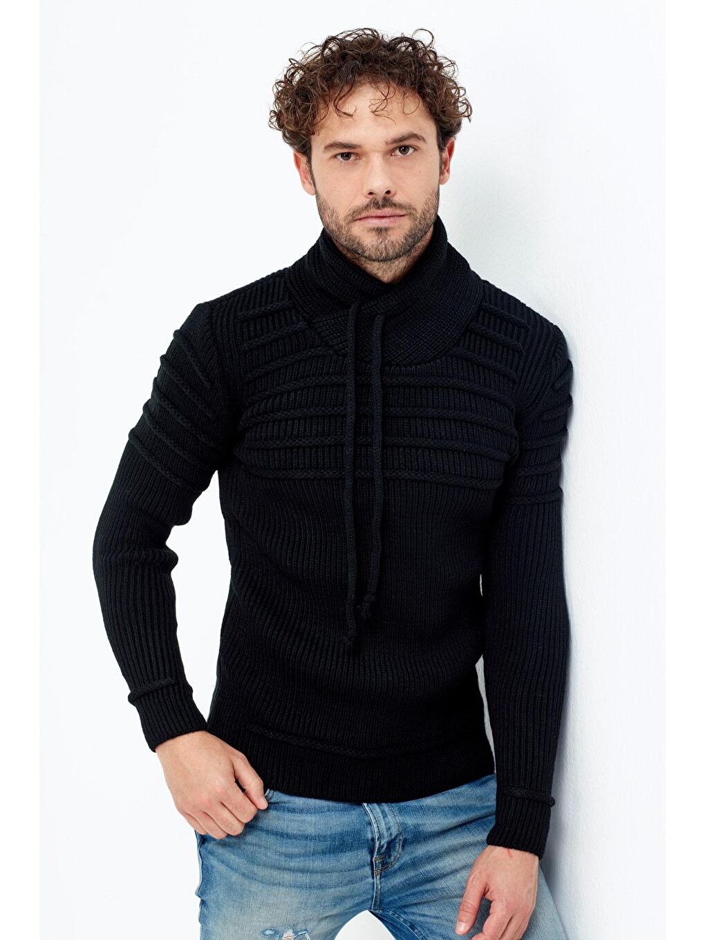 Siyah Kahverengi/laci Şal Yaka Gögüs Çizgili Triko Kazak-1