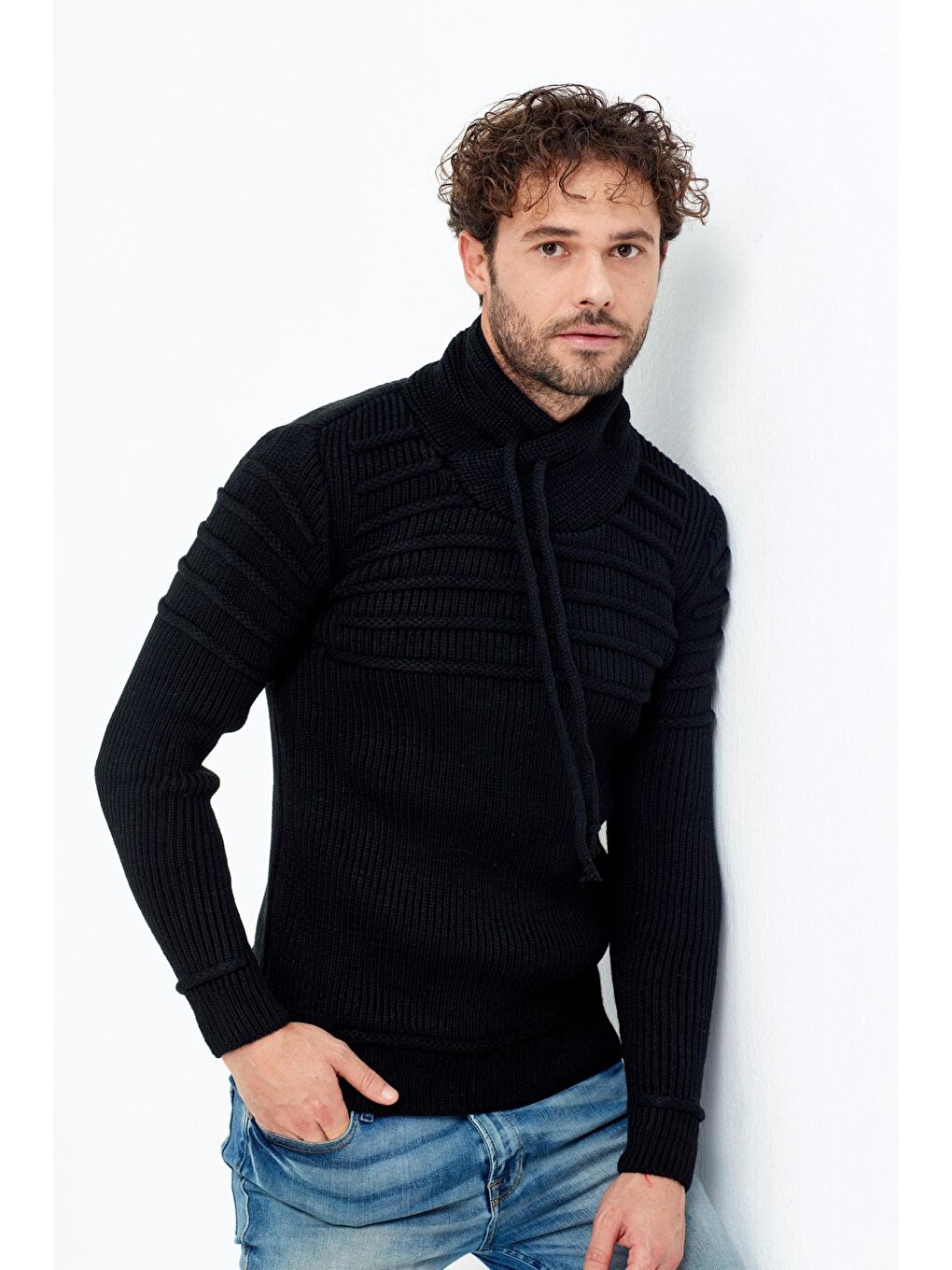 Siyah Kahverengi/laci Şal Yaka Gögüs Çizgili Triko Kazak-3