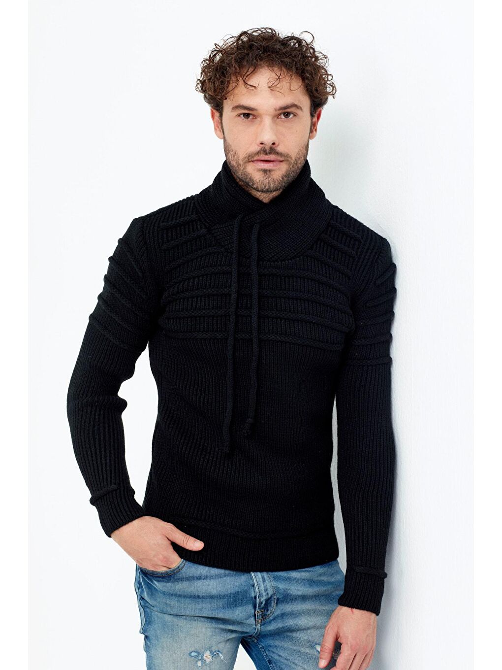 Siyah Kahverengi/laci Şal Yaka Gögüs Çizgili Triko Kazak-4