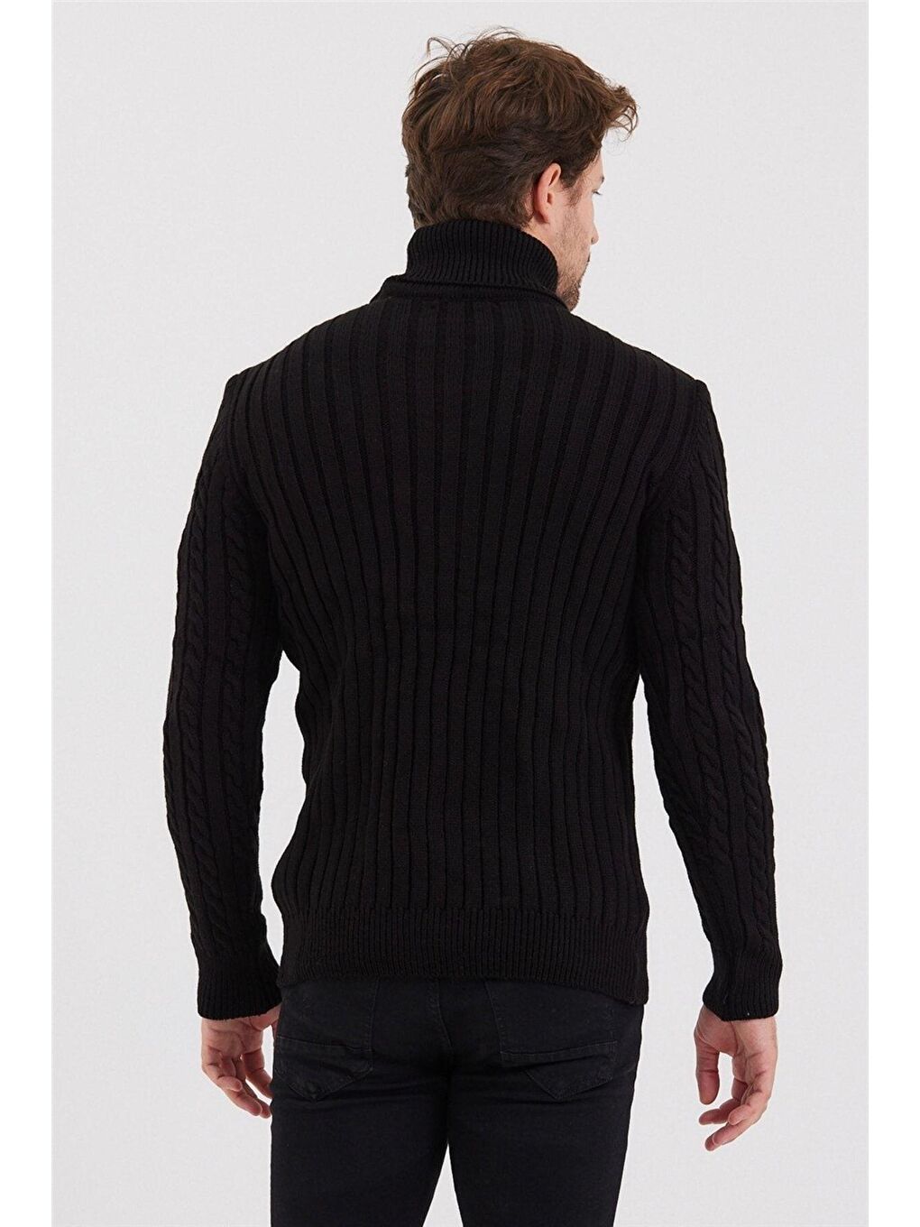 Siyah Erkek Örgü Desenli Triko Kazak-3