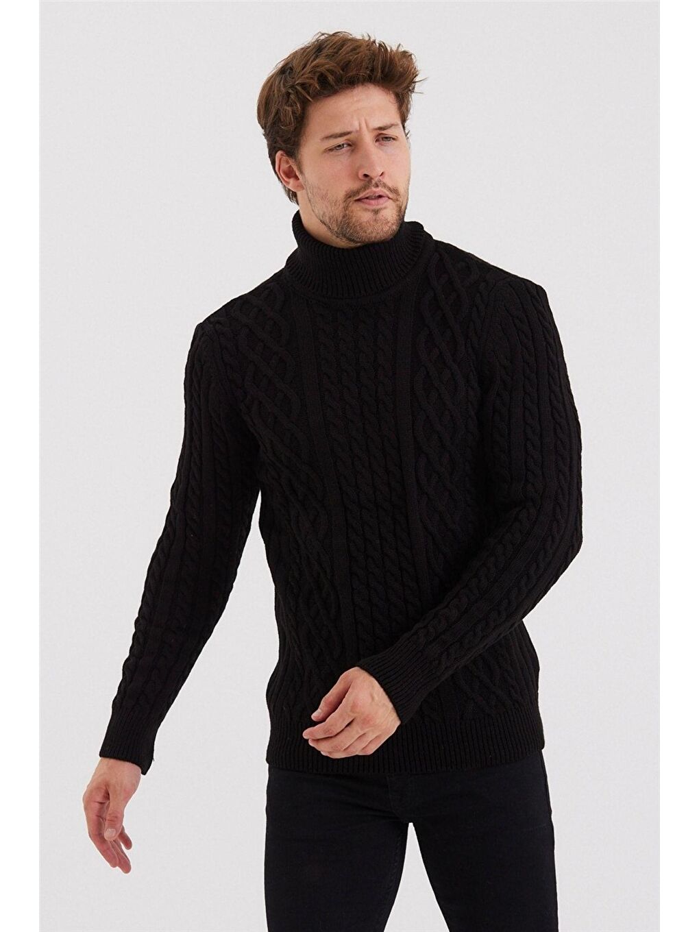 Siyah Erkek Örgü Desenli Triko Kazak-5