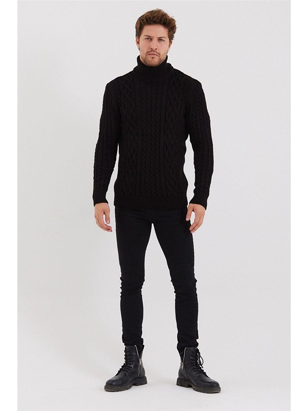 Siyah Erkek Örgü Desenli Triko Kazak-7