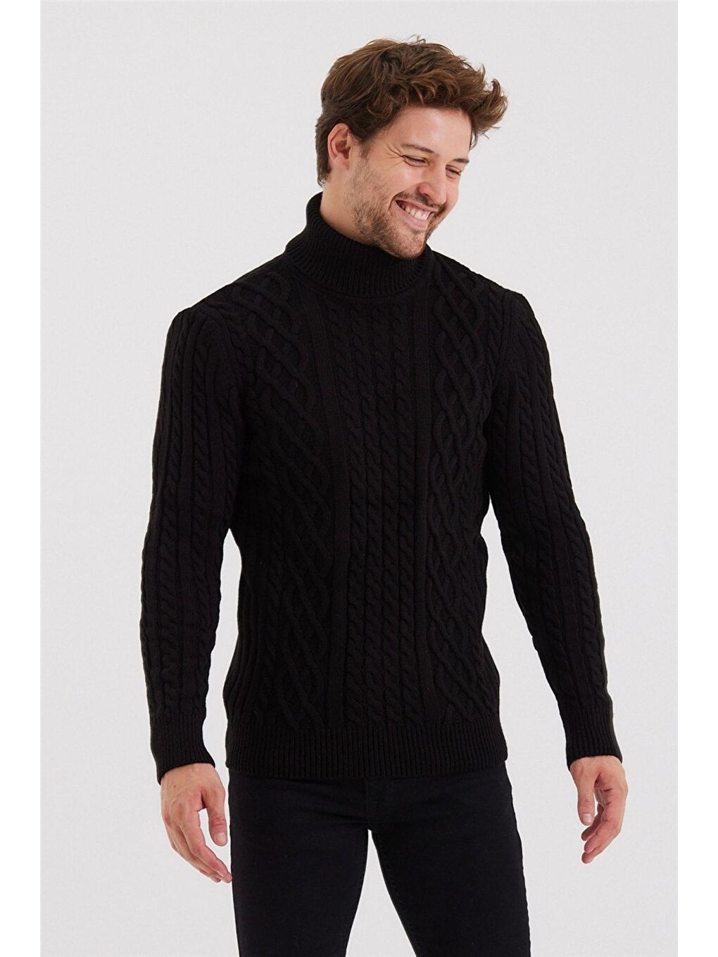 Siyah Erkek Örgü Desenli Triko Kazak-9