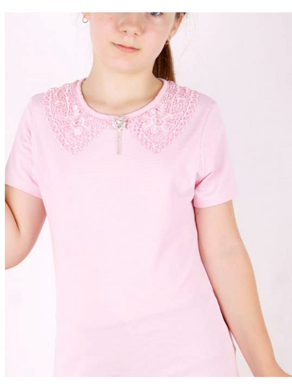 Pembe Kız Çocuk Önü Dantelli Okul Tişört-2