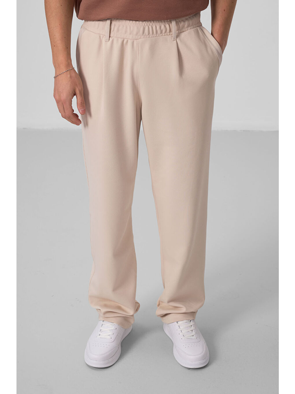 Bej Yüzeyi Dokulu Rahat Form Palazzo  Erkek Pantolon - 82163-1