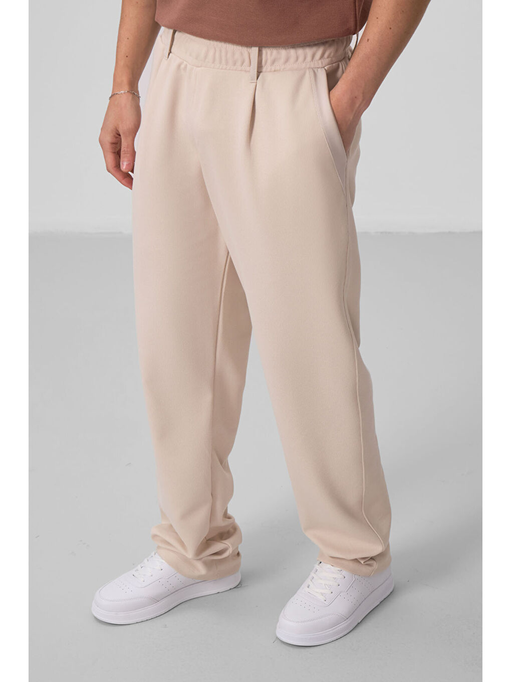 Bej Yüzeyi Dokulu Rahat Form Palazzo  Erkek Pantolon - 82163-3