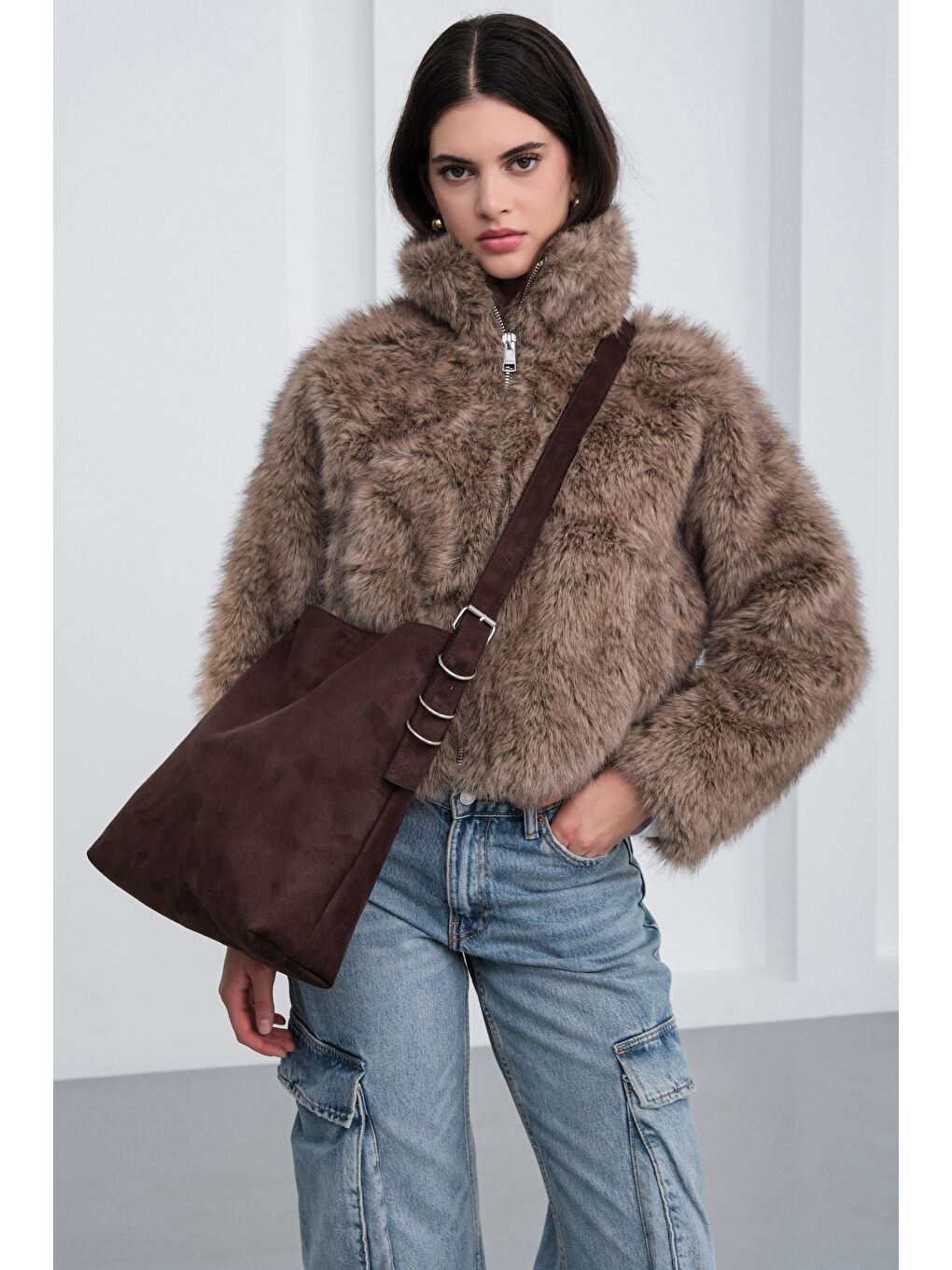 Kahverengi Vague Süet Omuz Çantası Kahve-2