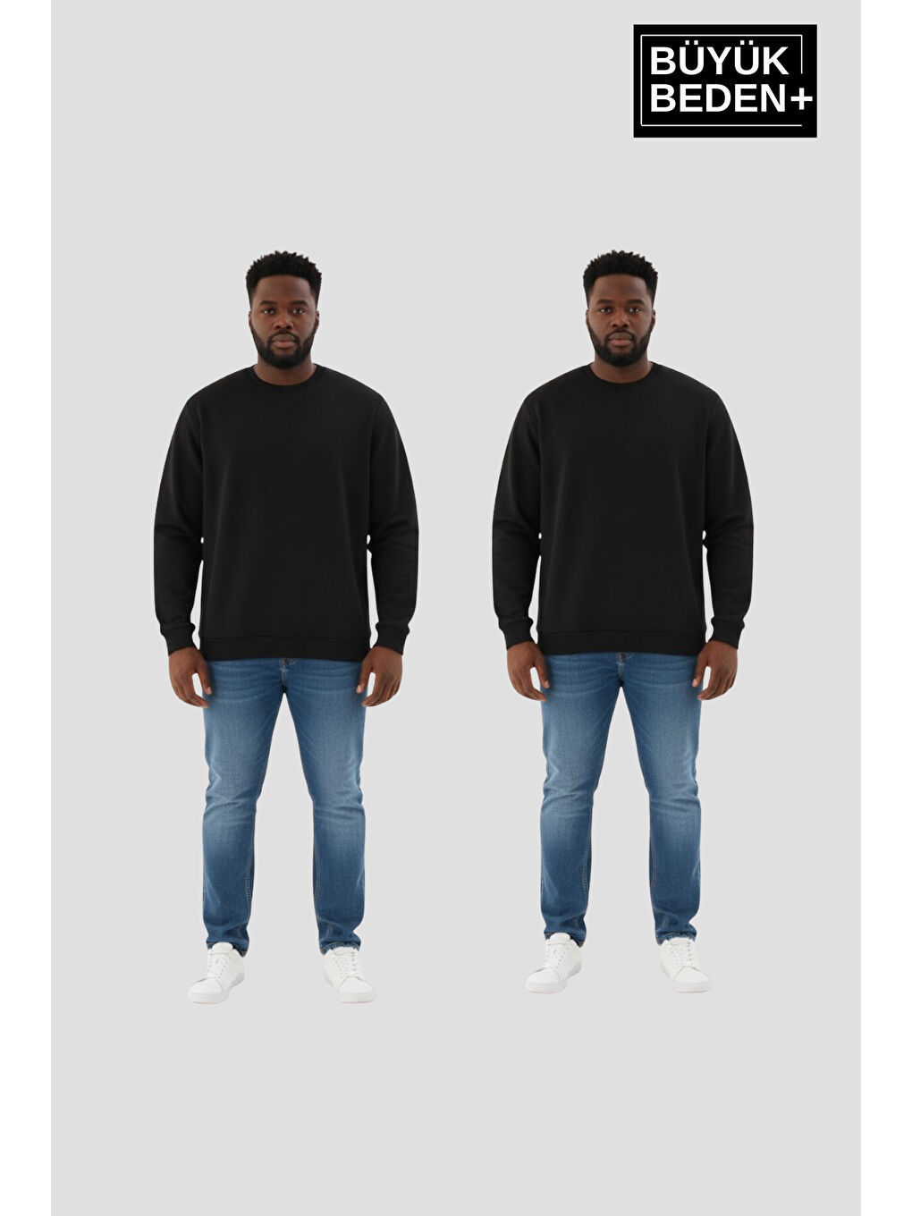 Siyah Erkek Büyük Beden İkili Bisiklet Yaka 2’li Set -Rahat Kalıp İnce Sweatshirt SPR26BSW956+2-1