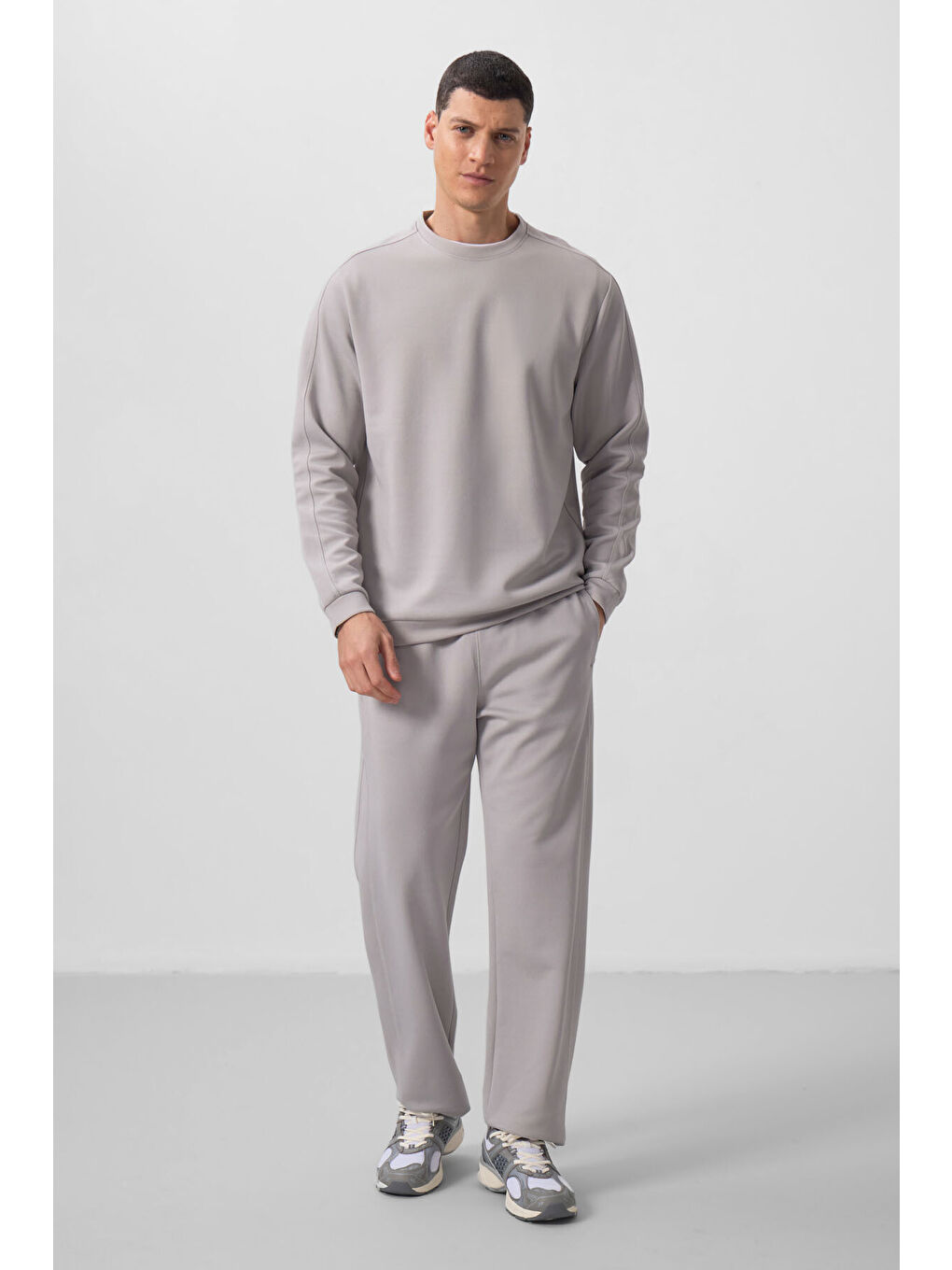 Bej Taş Yüzeyi Dokulu Oversize Erkek Eşofman Takım - 85275-2