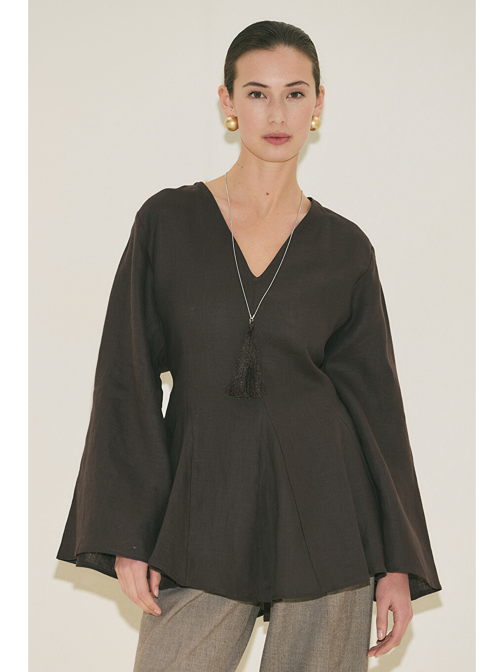 Kahverengi %100 Keten Volümlü Tunik Acı Kahve-1