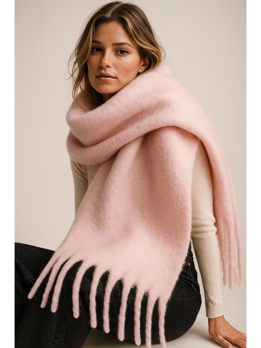 Kadın Pembe Püsküllü İthal Atkı-Şal SAL1295-1