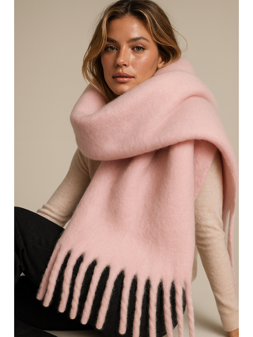 Kadın Pembe Püsküllü İthal Atkı-Şal SAL1295-2