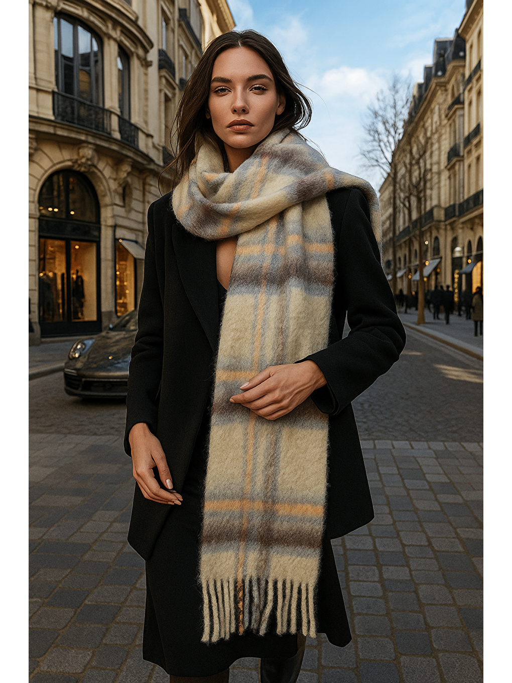 Kadın Bej Ekose Desenli Atkı-Şal SAL1297-1