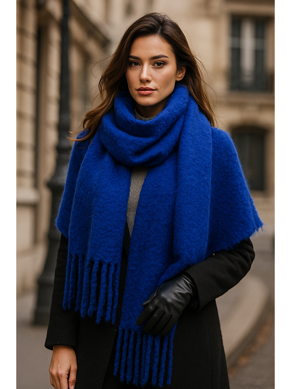 Mavi Kadın Saks Püsküllü İthal Atkı-Şal SAL1295-1