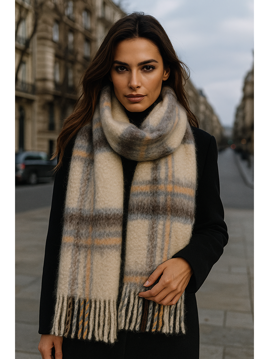 Kadın Bej Ekose Desenli Atkı-Şal SAL1297-2