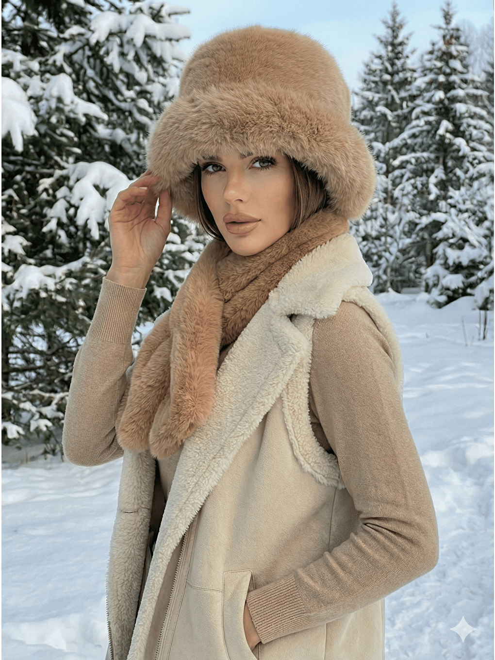 Kahverengi Kadın Camel 2 li Set Pelüş Bucket Şapka Boyunluk Atkı Set01