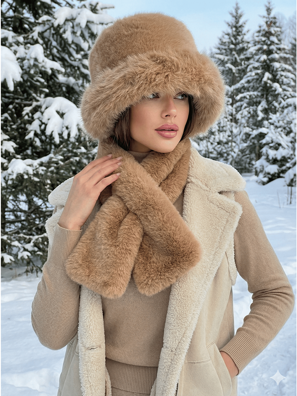 Kahverengi Kadın Camel 2 li Set Pelüş Bucket Şapka Boyunluk Atkı Set01-1