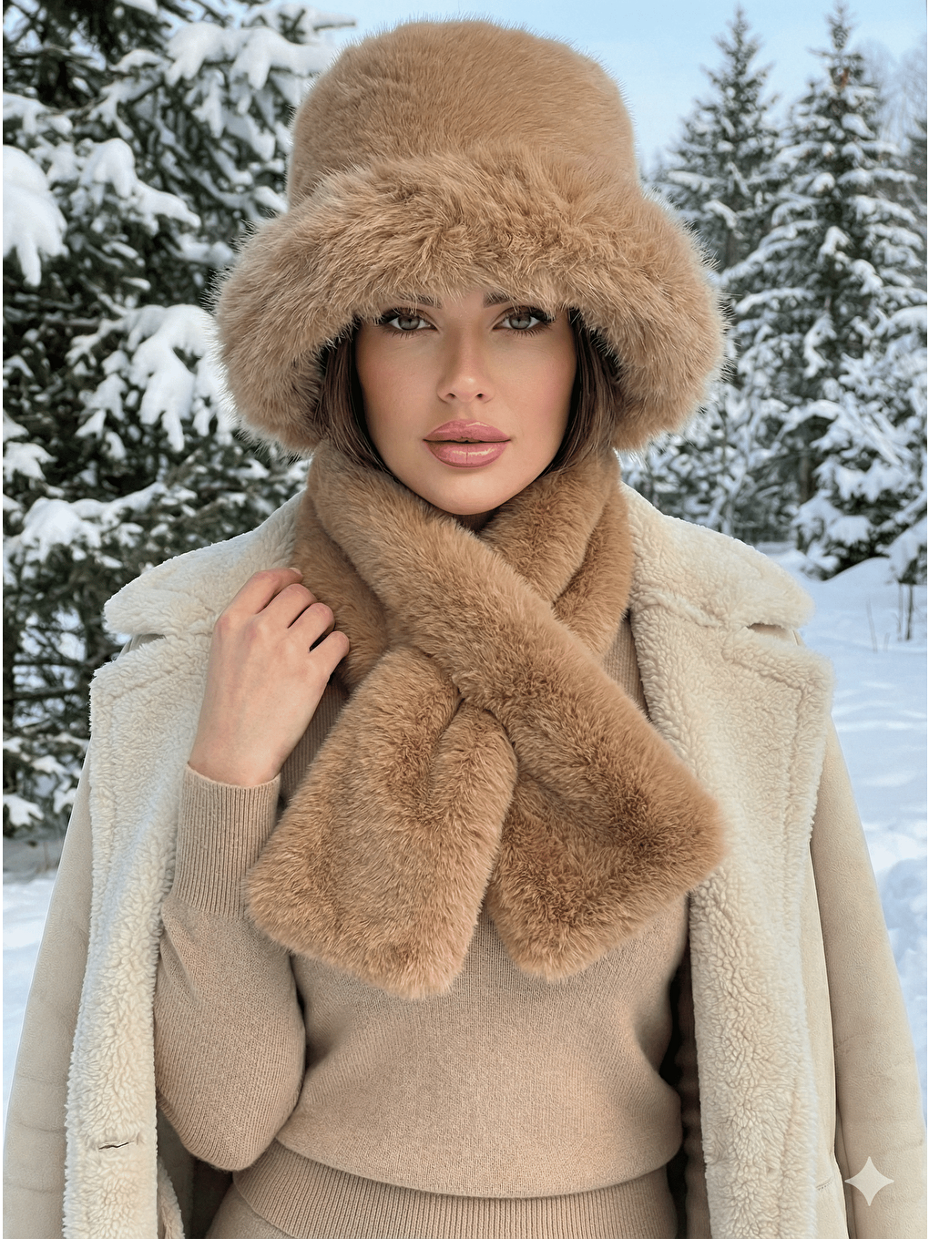 Kahverengi Kadın Camel 2 li Set Pelüş Bucket Şapka Boyunluk Atkı Set01-2