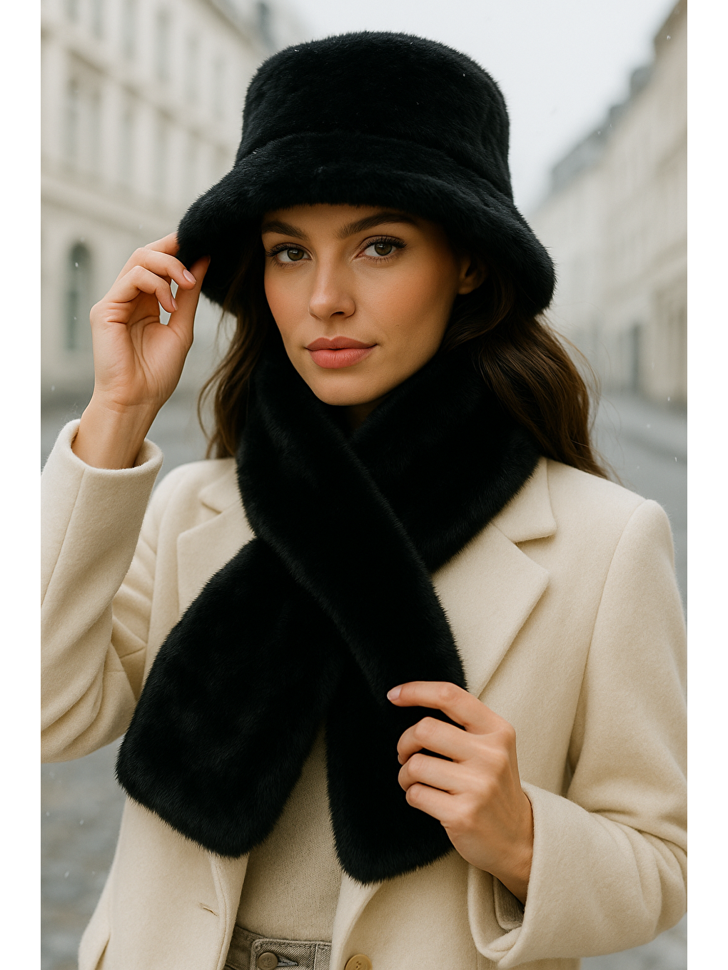 Kadın Siyah 2 li Set Pelüş Bucket Şapka Boyunluk Atkı Set01-1