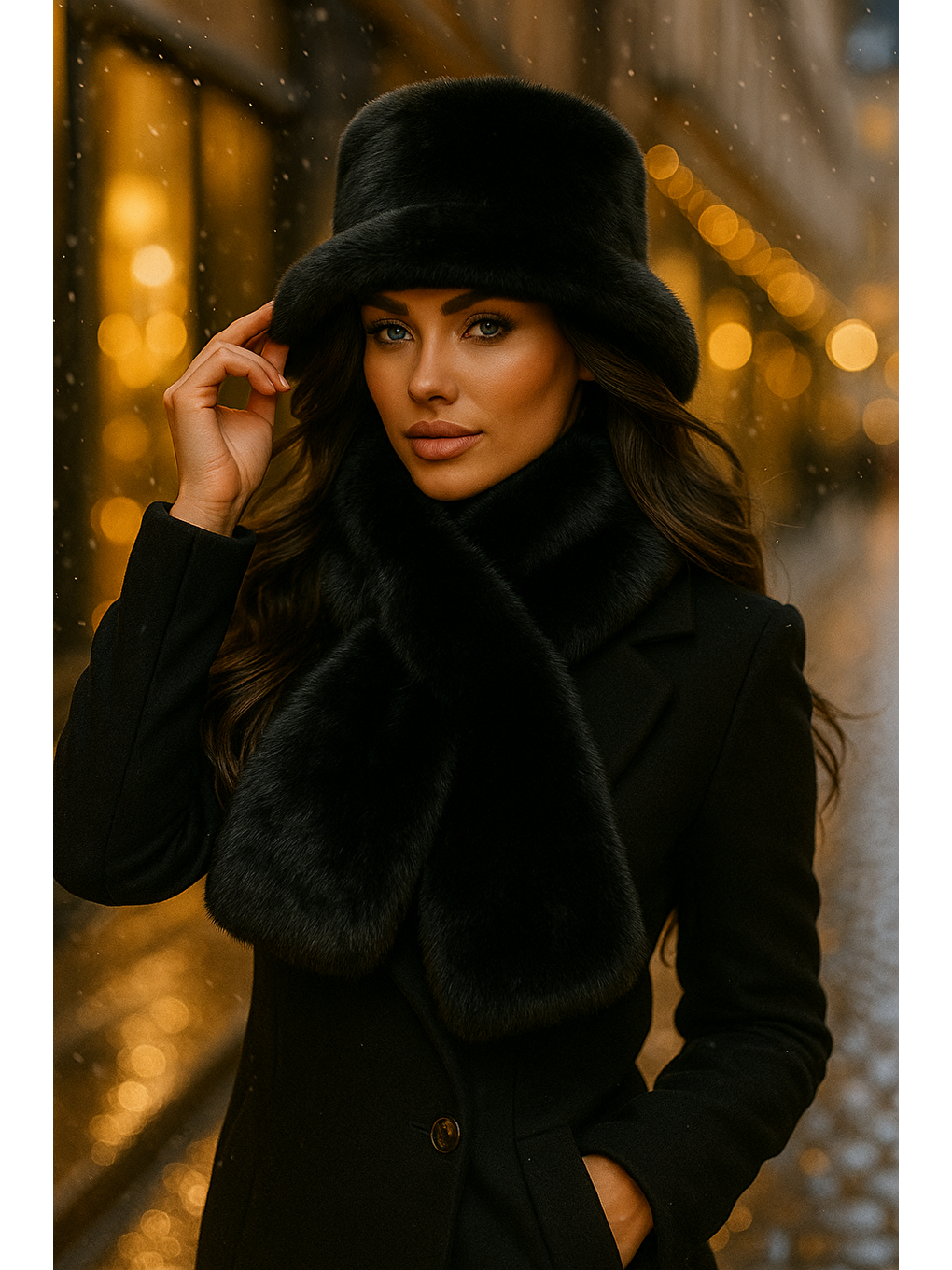 Kadın Siyah 2 li Set Pelüş Bucket Şapka Boyunluk Atkı Set01-2