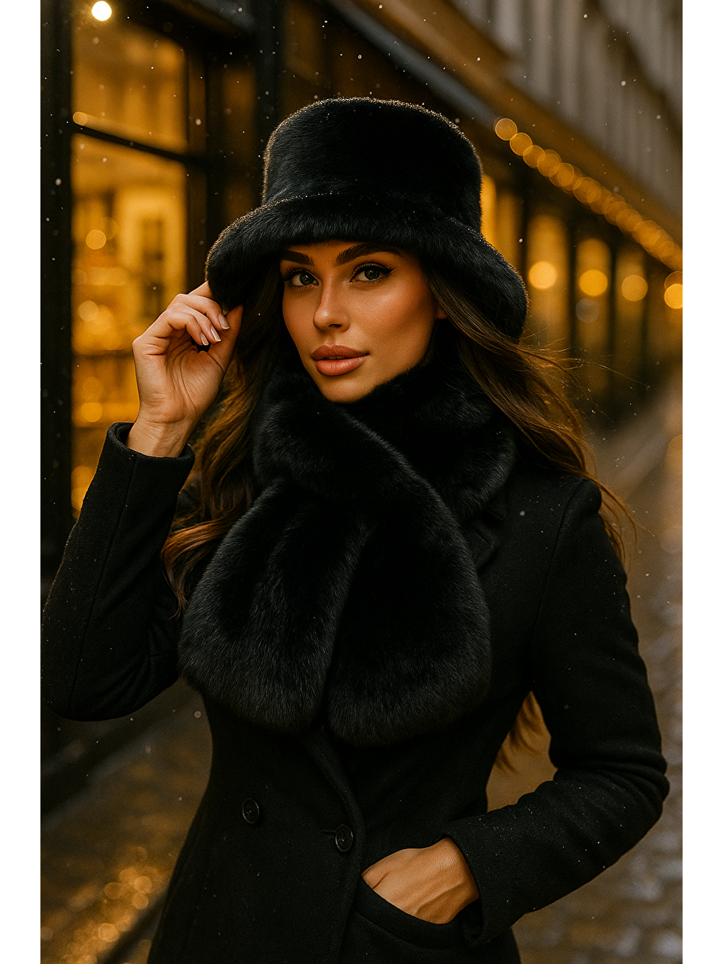 Kadın Siyah 2 li Set Pelüş Bucket Şapka Boyunluk Atkı Set01-3