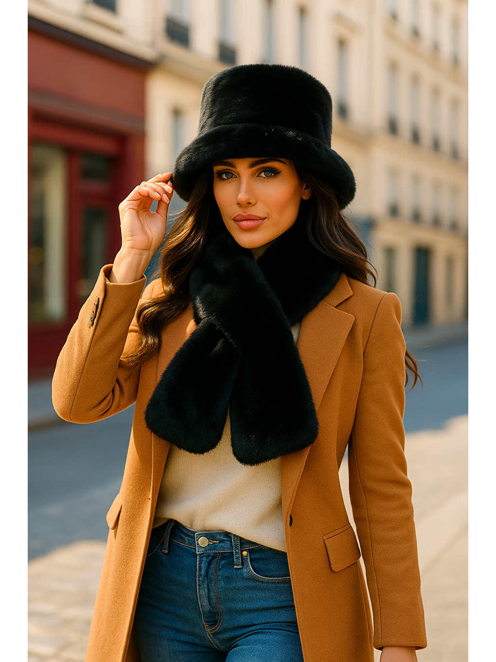 Kadın Siyah 2 li Set Pelüş Bucket Şapka Boyunluk Atkı Set01-4