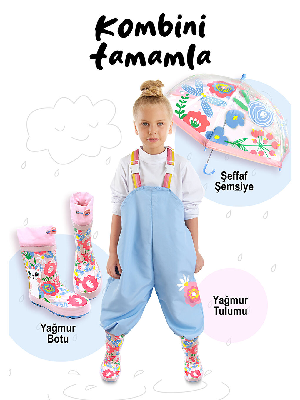 Pembe Çiçek Desenli Kız Çocuk Şeffaf Şemsiye-2