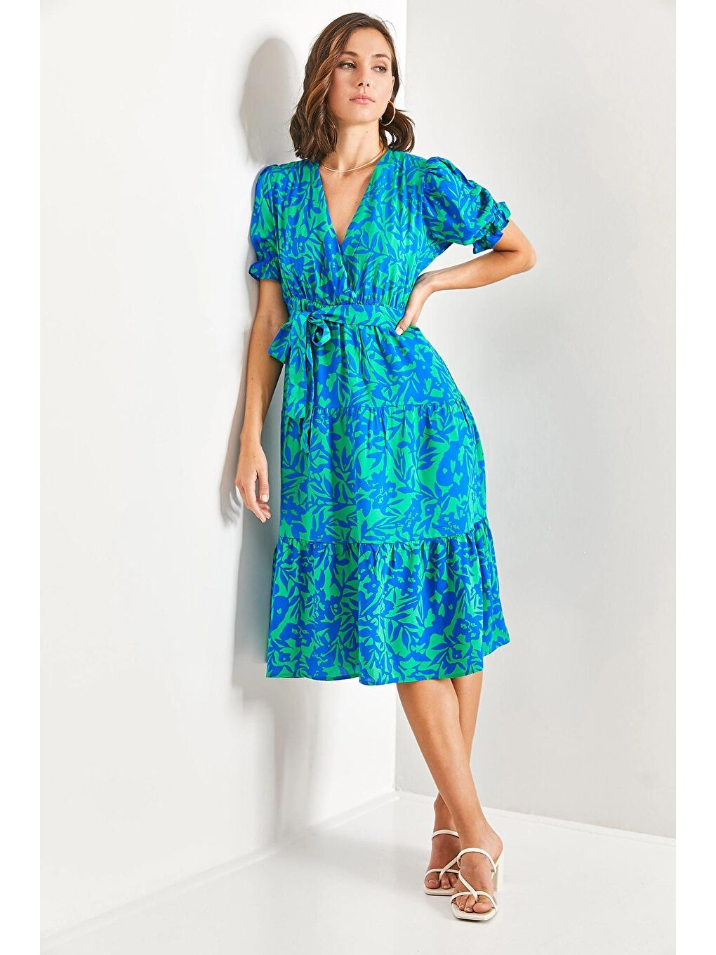 Mavi Kadın Kolu Lastikli Multi Desenli Kuşaklı Elbise