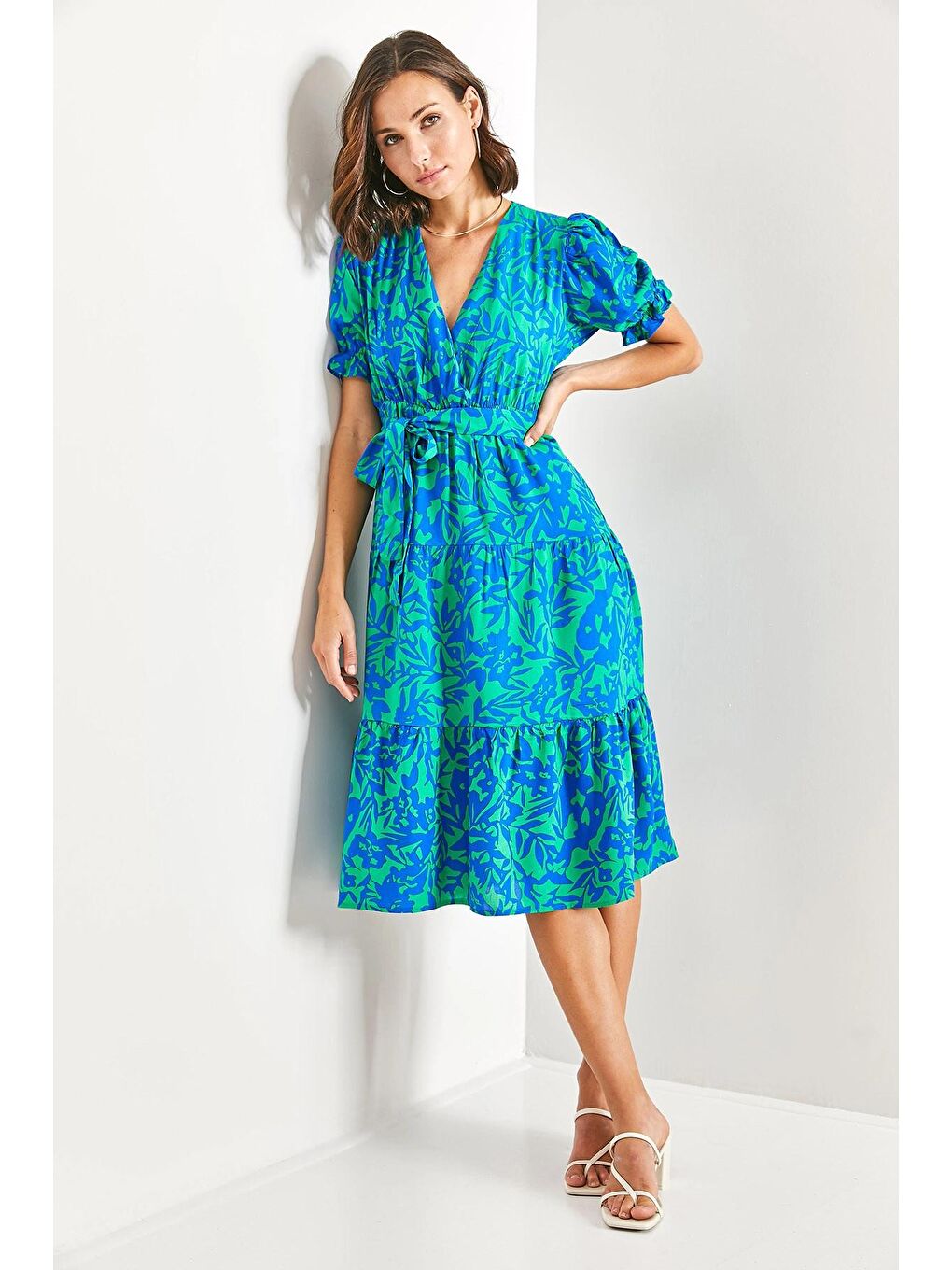 Mavi Kadın Kolu Lastikli Multi Desenli Kuşaklı Elbise-1