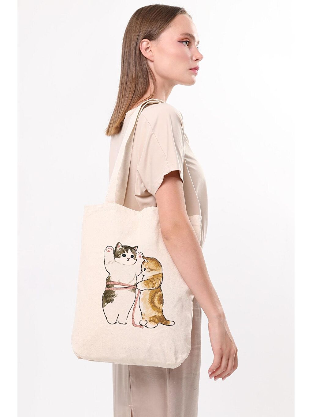 Bagg Ekru Kanvas Cats Size Baskılı Bez Çanta - 2