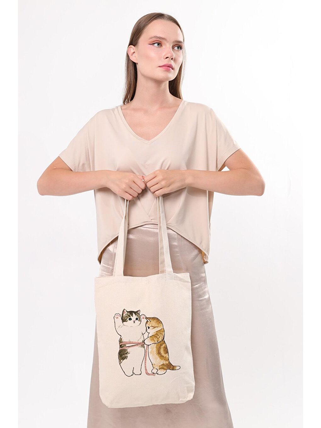 Bagg Ekru Kanvas Cats Size Baskılı Bez Çanta - 3