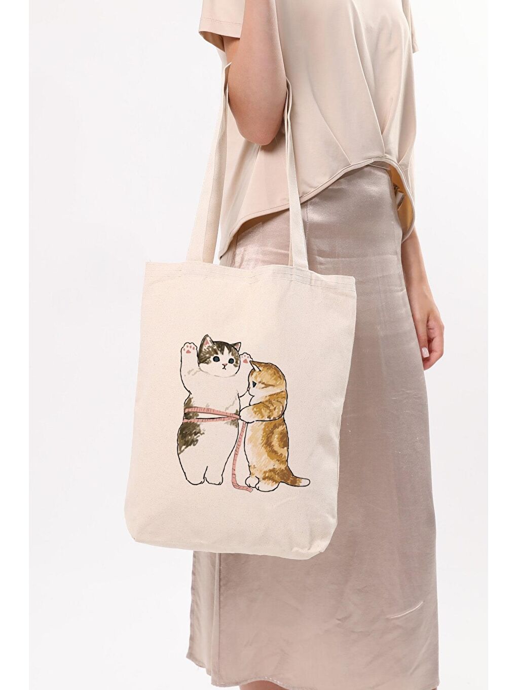 Bagg Ekru Kanvas Cats Size Baskılı Bez Çanta - 4