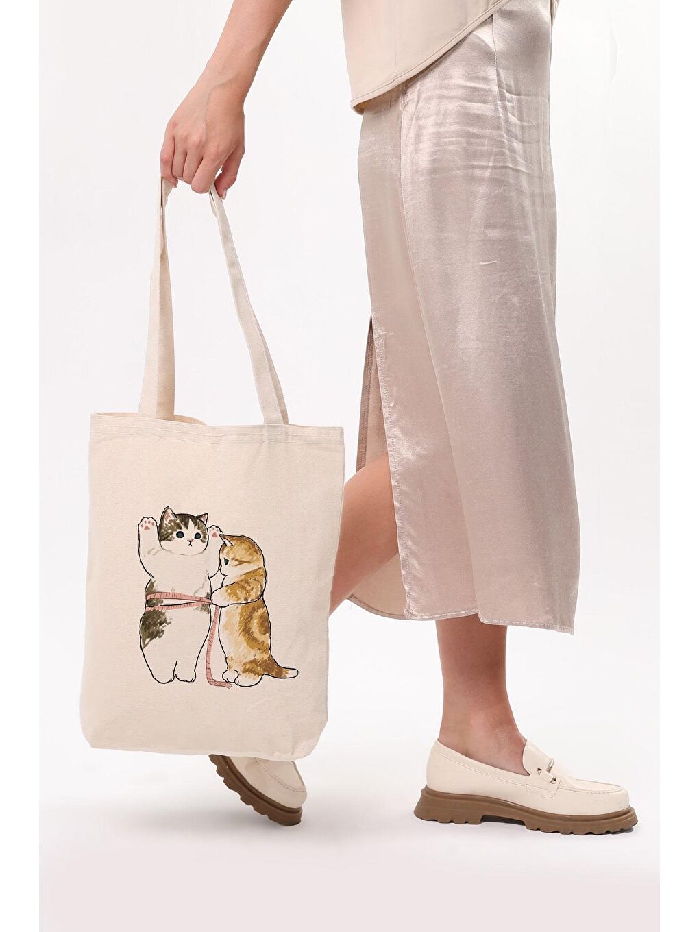 Bagg Ekru Kanvas Cats Size Baskılı Bez Çanta - 5