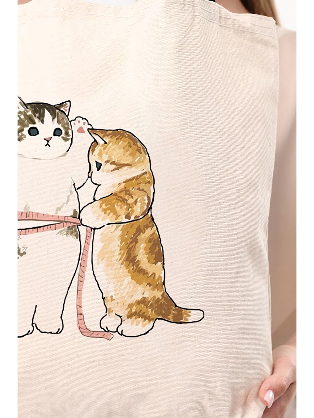 Bagg Ekru Kanvas Cats Size Baskılı Bez Çanta - 6