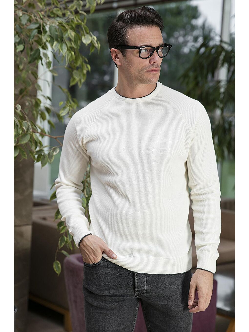 Ekru Regular Fit Bisiklet Yaka Yün Karışımlı Kışlık Kazak 6341006