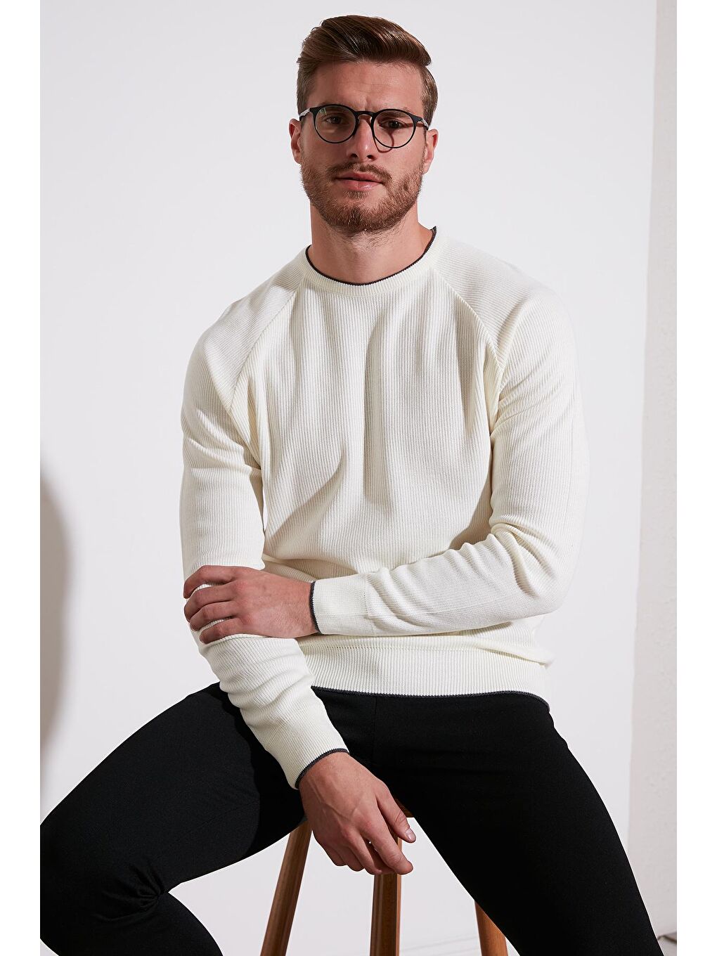 Ekru Regular Fit Bisiklet Yaka Yün Karışımlı Kışlık Kazak 6341006-1