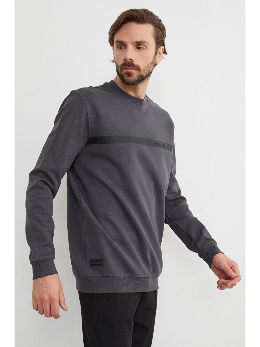 Gri You`re Stronger Baskılı Bisiklet Yaka Büyük Beden Sweatshirt