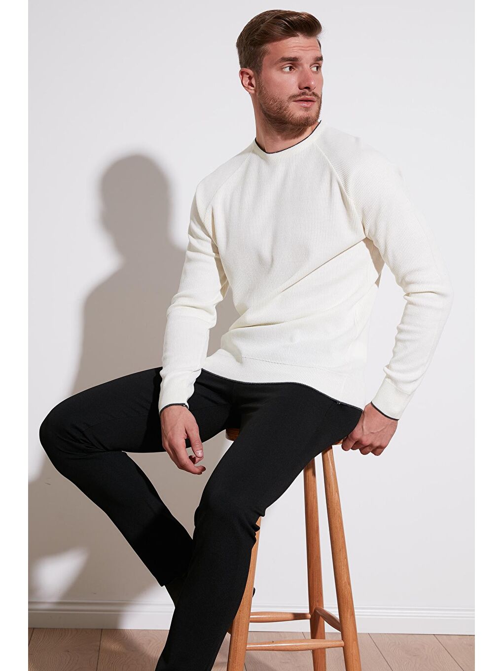 Ekru Regular Fit Bisiklet Yaka Yün Karışımlı Kışlık Kazak 6341006-2