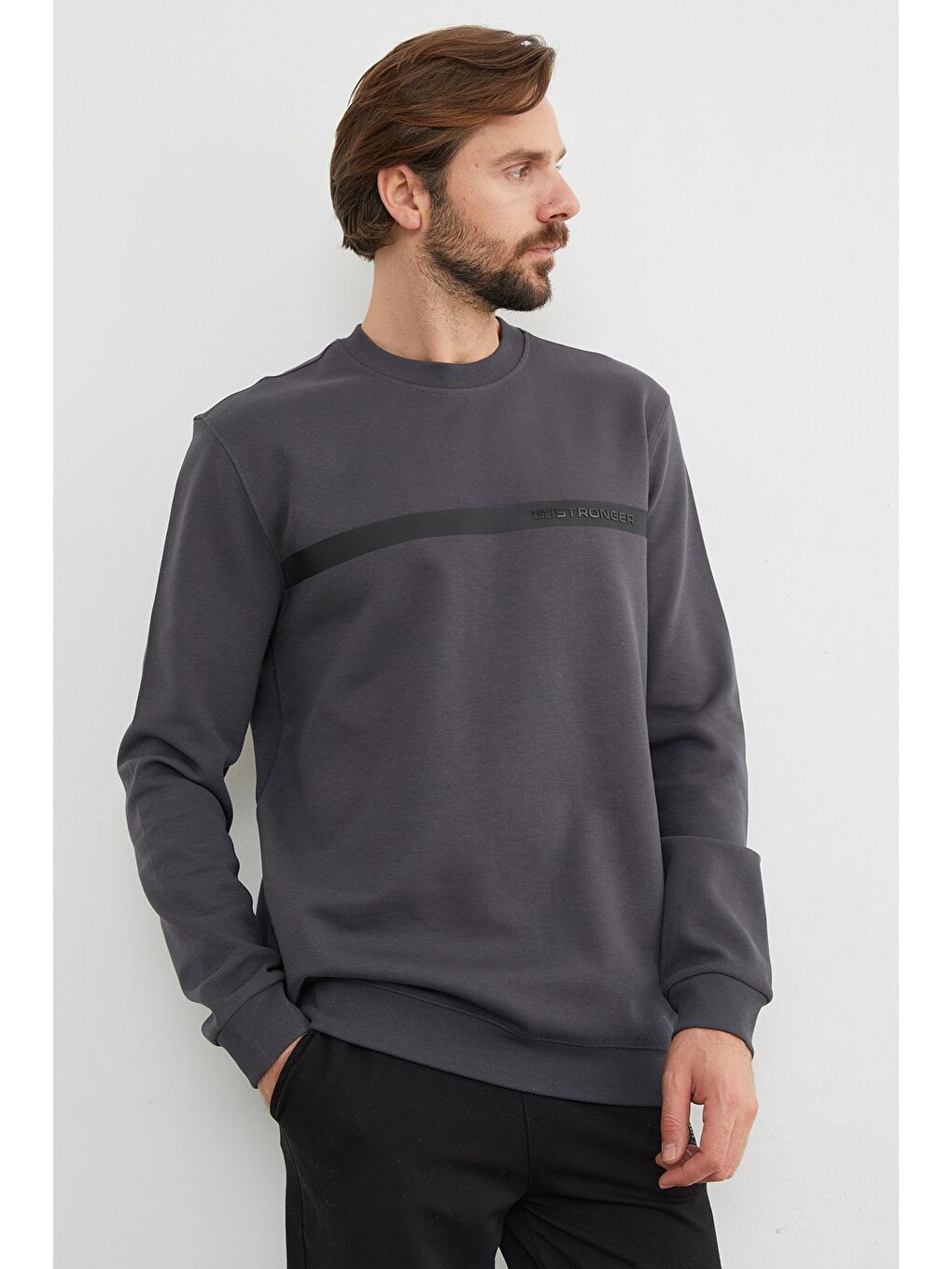 Gri You`re Stronger Baskılı Bisiklet Yaka Büyük Beden Sweatshirt-2