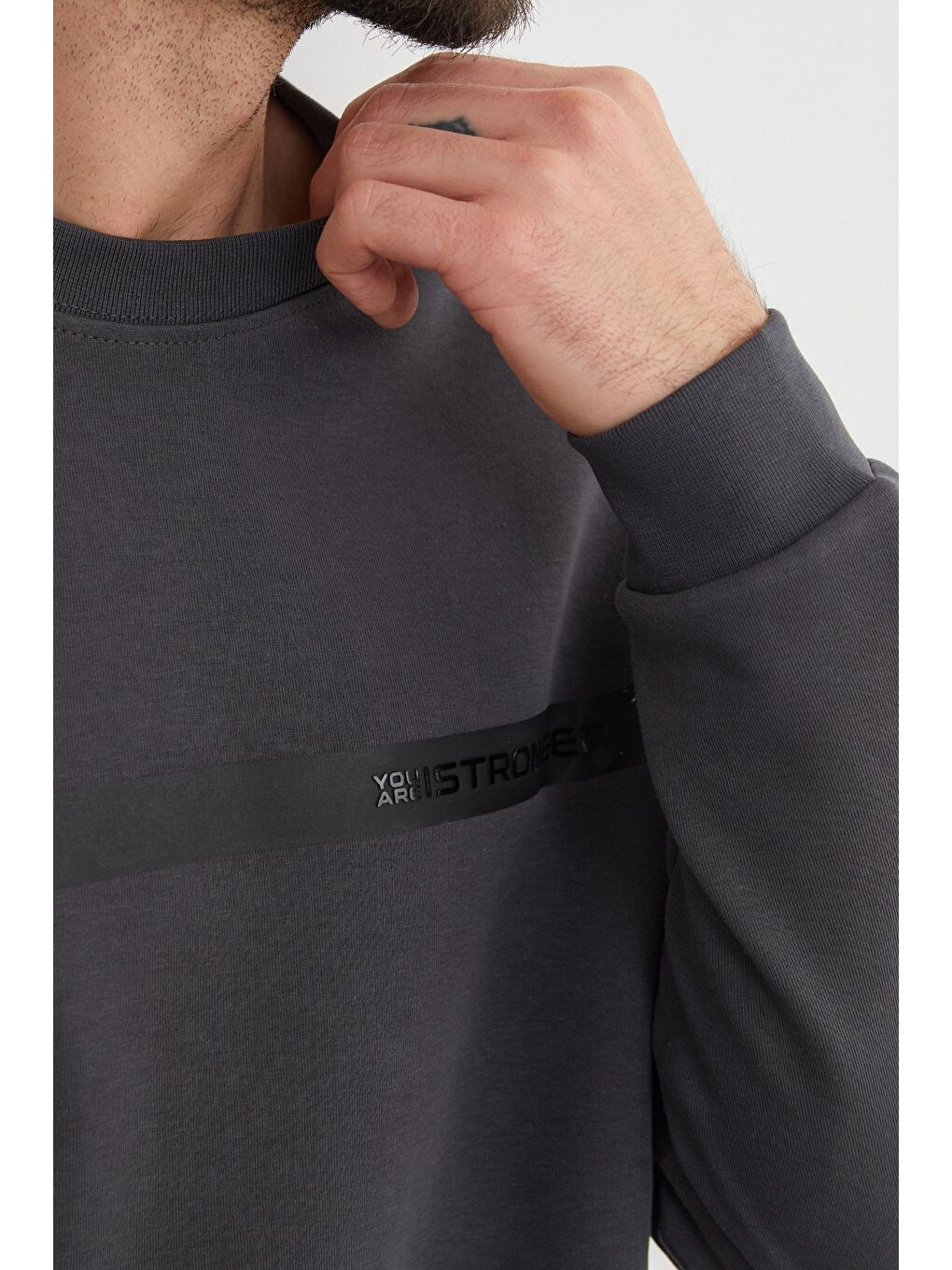 Gri You`re Stronger Baskılı Bisiklet Yaka Büyük Beden Sweatshirt-3