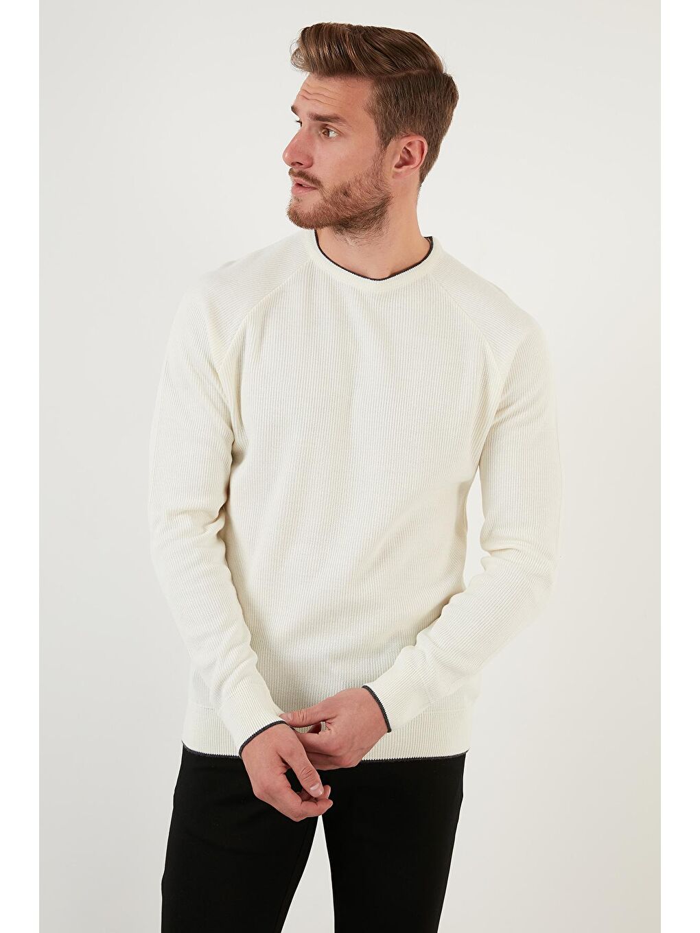 Ekru Regular Fit Bisiklet Yaka Yün Karışımlı Kışlık Kazak 6341006-4